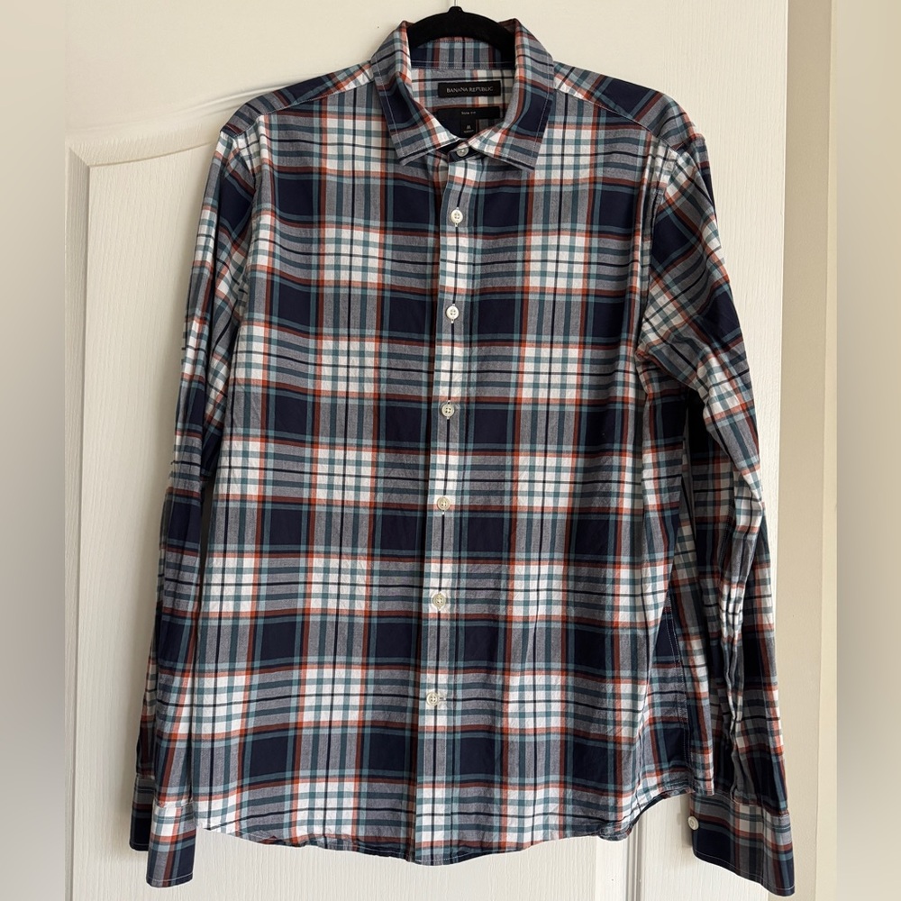 Banana Republic Men's Plaid Shirt - Navy, Orange, and White